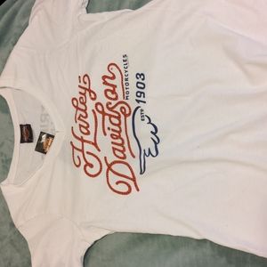 Harley Davidson Red Sequin White V-neck S/S T-shirt. Size Small. NWT